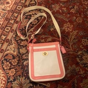 Coach pink and white leather messenger crossbody purse